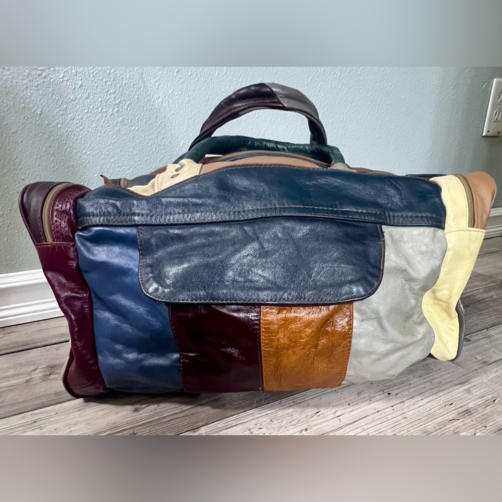 Vintage 60 70’s Patchwork 100% Genuine Leather Duffel Travel Bag Vacation Retro - Picture 2 of 16
